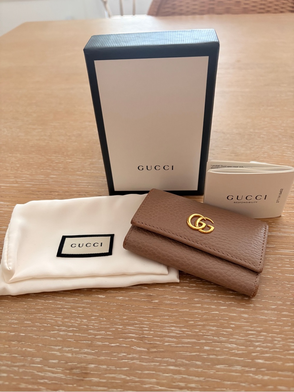 Gucci Marmont Taupe Leather GG Key Holder with Gold Hardware